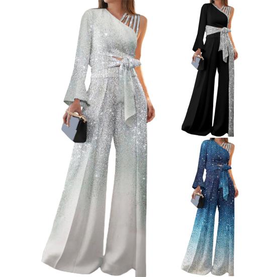 Breathable Bandage 2pcsset Noble Trendy Bowknot Glitter Trim Elegant Women Outfit Blouse Pants Set