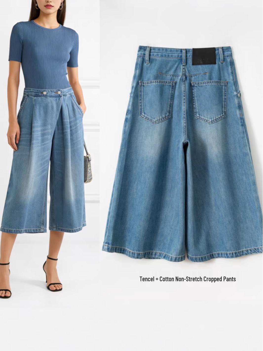 

Women s Summer Essential Blue Wide-Leg Cropped Cotton-Lyocell Trousers with Double Button 30 синий