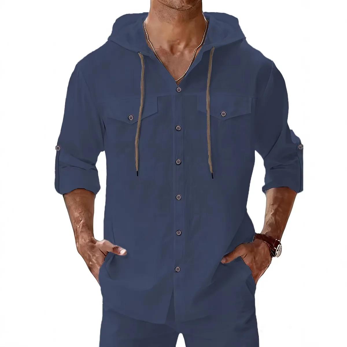 

Мужские рубашки с капюшоном Весна-Лето Однотонные с длинным рукавом Повседневная рубашка Модная Дышащая Пляжная блузка Мужские спортивные топы с капюшоном XXXL тёмно-синий