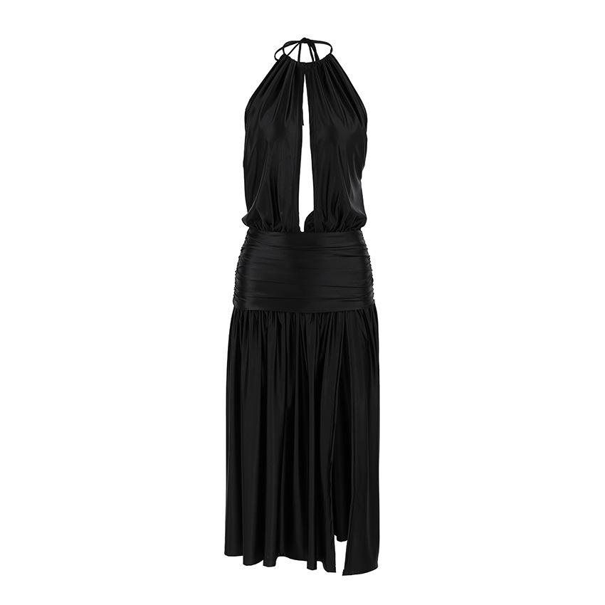 Summer new sexy black neck dress femininity backless split A-word skirt women's clothing