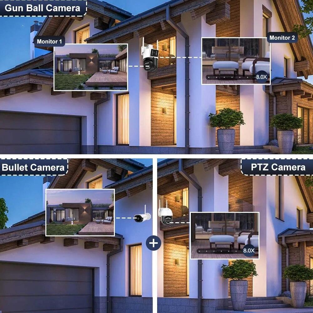 Neue EU 12MP 6K WiFi-Kamera für den Außenbereich, drei Objektive, Dual-Screens, 8-facher Zoom, CCTV-Mini-Videokamera, automatisches Tracking, Sicherheitsschutz, Überwachung, iCSee-App