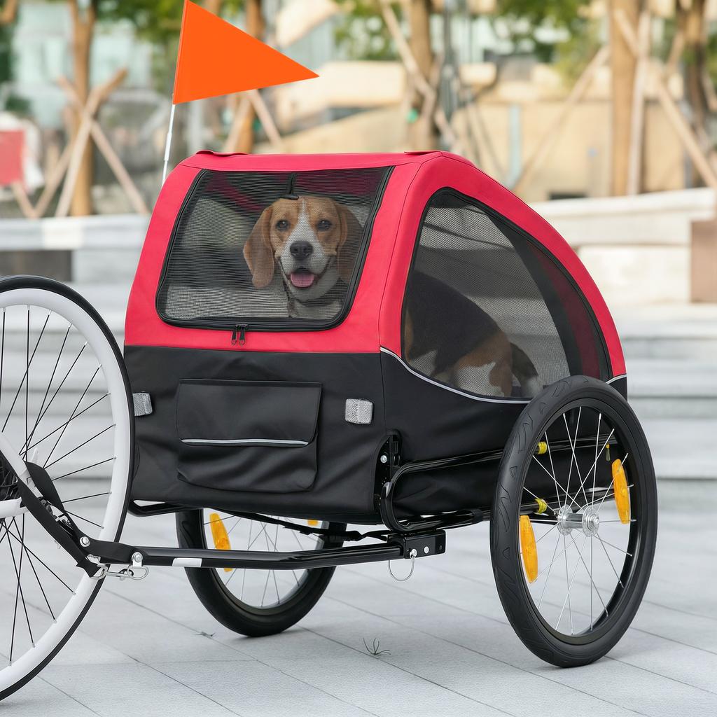 Faltbarer Hundefahrradanhänger mit Reflektoren Netzfenstern Rädern Tür Sicherheitsflagge für Hunde bis 20 kg 138x70x89 cm Rot
