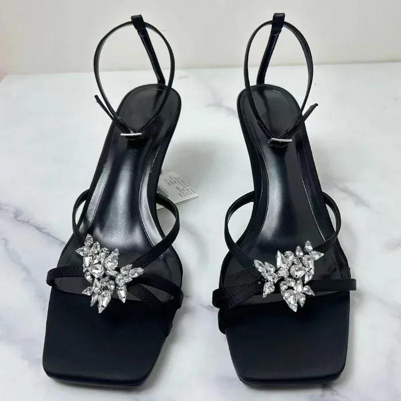 Fashion New Open Toe Ankle Strap Thin High Heels Women Summer Shiny Rhinestone Designer Heeled Sandals Elegant Banquet Wedding Shoes