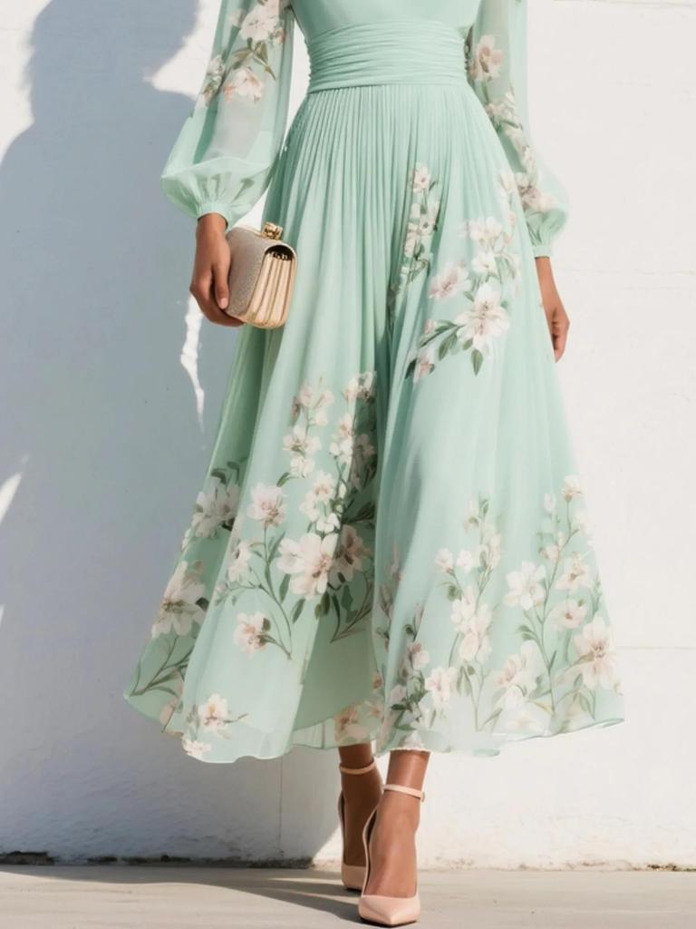 Women's V-Neck Floral Long Sleeve Pleated Dress 2026