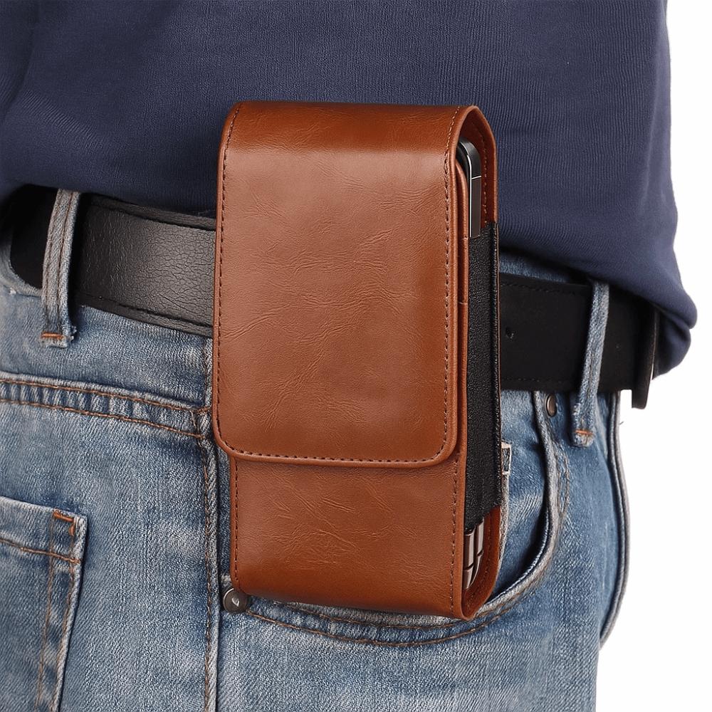 Solid Color Dual Pouch Design Waist Bag Vertical Leather Belt Clip Dual Pouch  Smartphone Case