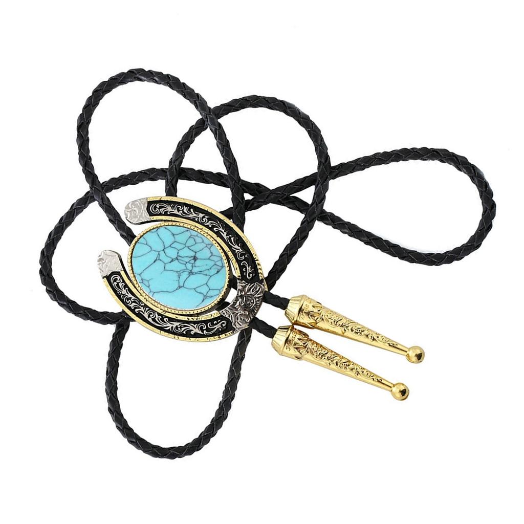Vintage Bolo Tie Western Antique Crack Stone Cowboy Pendant Shirt Chain Collar Necktie Leather Rope Jewelry Necklace