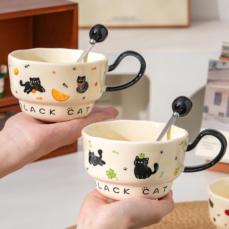 Creative Little Black Cat Ceramic Cup with Spoon for Home Use Large Capacity Office Couple Cup High Value Souvenir Gift Mug