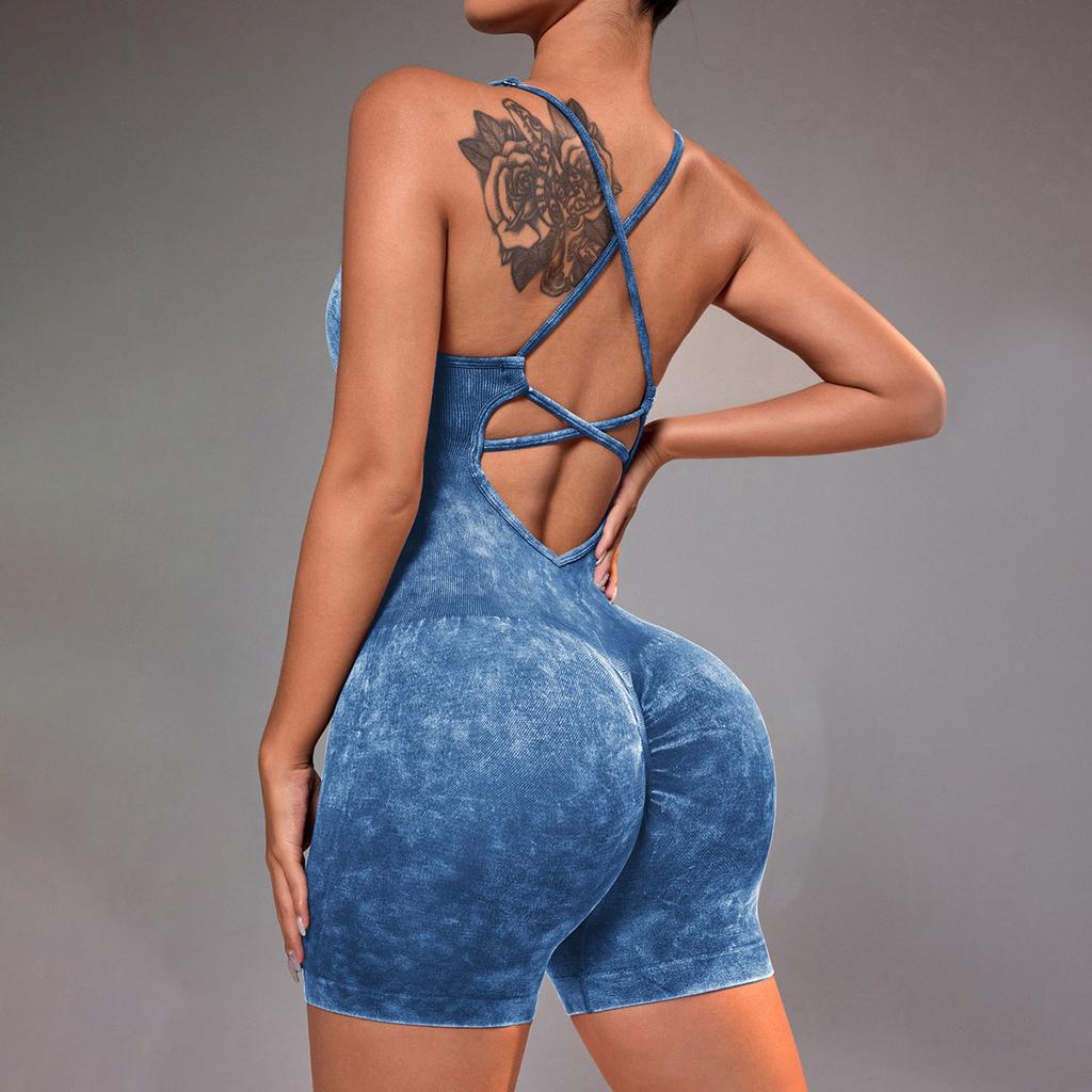 Damen Eng Anliegender Pfirsich Hüfthebender Einteiler Yogaanzug, Fitness Formender Einteiler