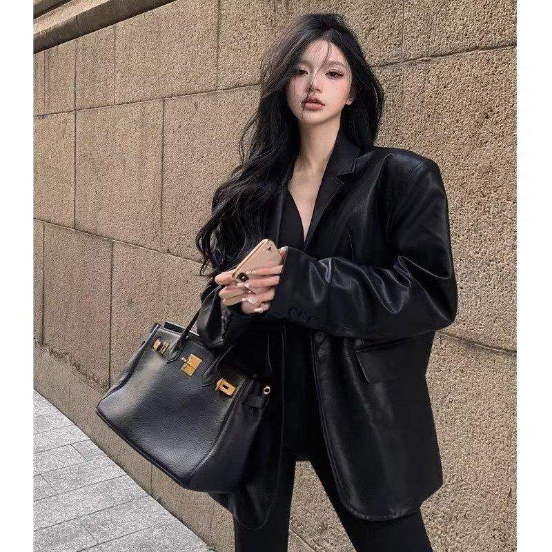 

Японская кожаная куртка в стиле Харадзюку с длинным рукавом L чёрный