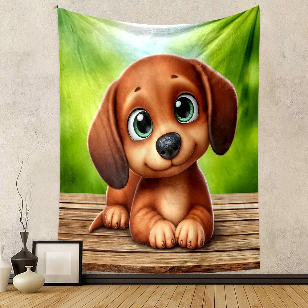 Cute Puppy with Big Green Eyes Patterned Tapestry Decorative Wall Hanging, Home Bedroom Living Room Decor
