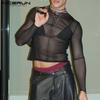 Men Long Sleeve Mesh Sheer See Through Fake Two-piece T-shirts Fishnet Tops
