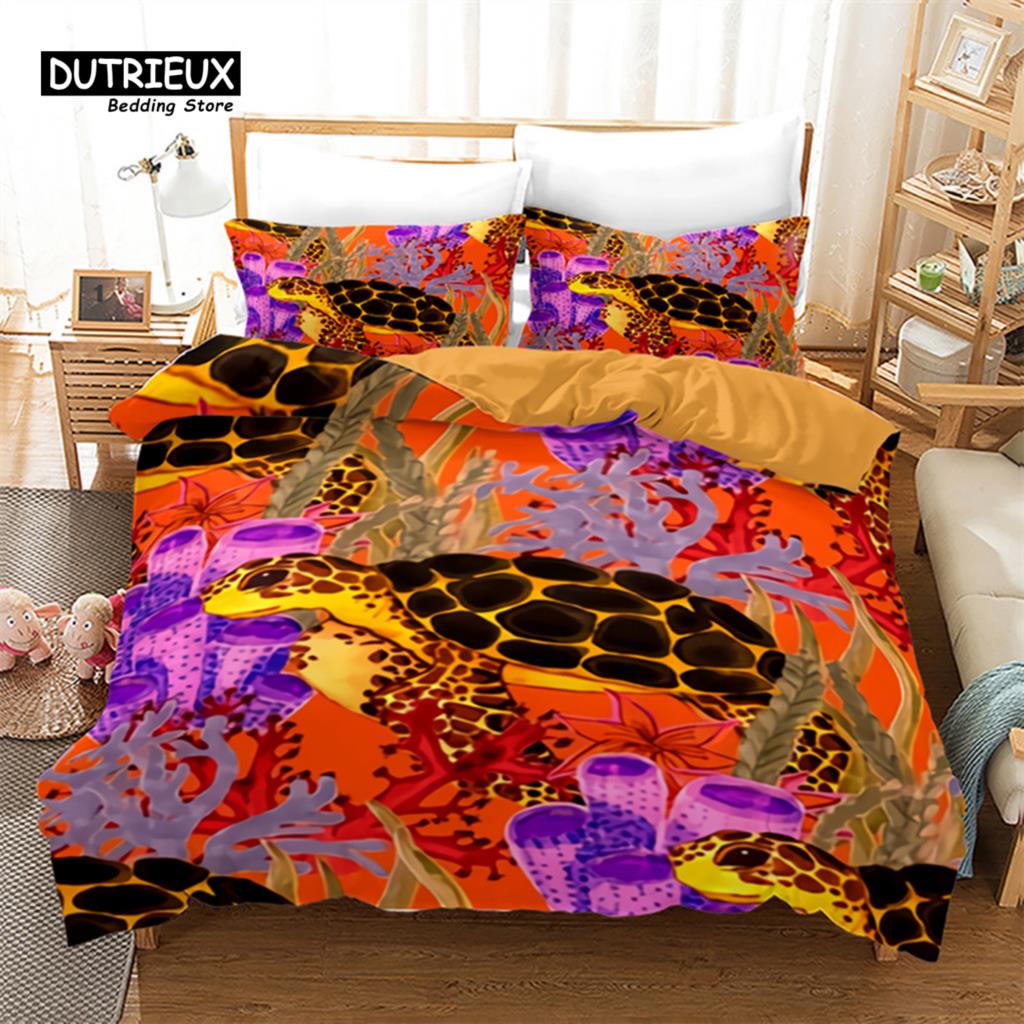 Sea Animal Duvet Cover Octopus Turtle Starfish Queen Bedding Set Microfiber Ocean Life Bedding Set King For Kids Boys Girls Teen