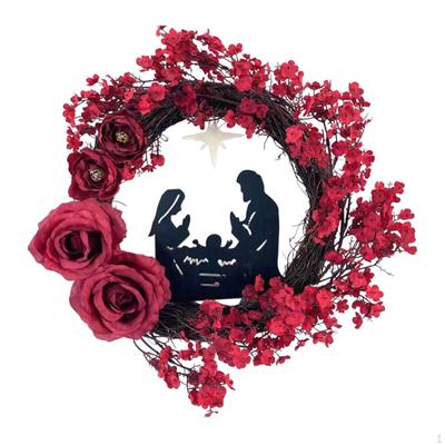 Lighted Christmas Wreath Artificial Flower Ornament Holy Family Nativity for