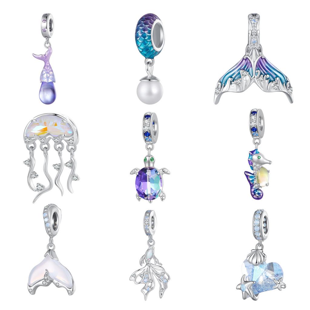 Ocean Series Man Fishtail Diy Pendant Accessories, Dream Jellyfish Seahorse S925 Sterling Silver Beads