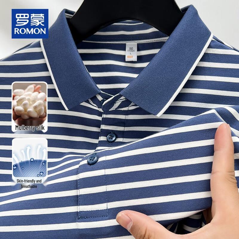 ROMON Men's Cooling Silk Blend Striped Polo Shirt