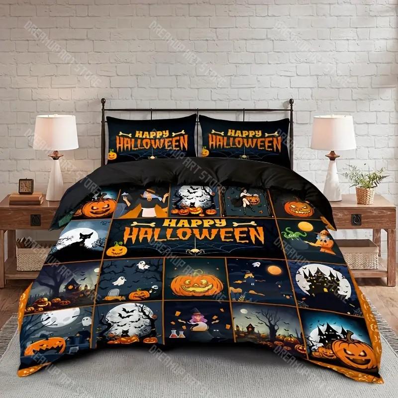 Halloween Quilt Cover Set Halloween Theme Comfortable Bedding Set Digital Print Plaid Pattern Cute Ghost Pumpkin One Quilt Cover