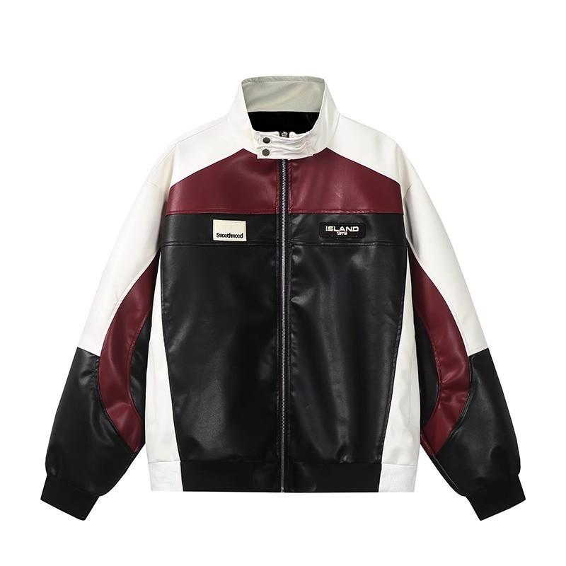Mens Retro Color Block PU Leather Jacket Stand Collar Casual Fall Outerwear