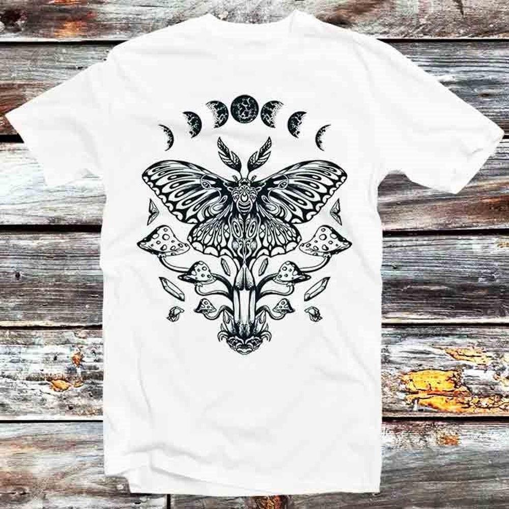 

230GSM 100% Cotton T-Shirt Magic Mushroom Moon Phase Butterfly T Shirt Vintage Retro Gift Mens Womens Unisex Cartoon Anime Top Tee B1165 XS белый