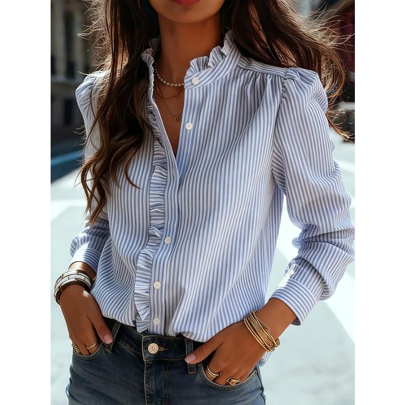 Women Striped Pleated Long Sleeve Single Breasted Elegant Commuting Blouse Shirt
