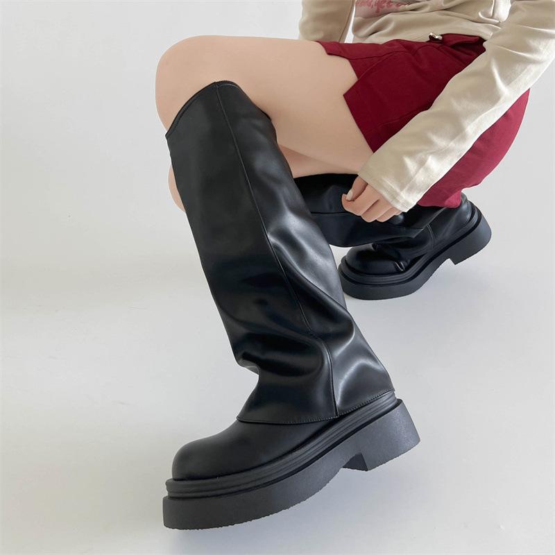 Black retro thick heel platform boots women's 2025 new autumn British style thin but knee trouser boots