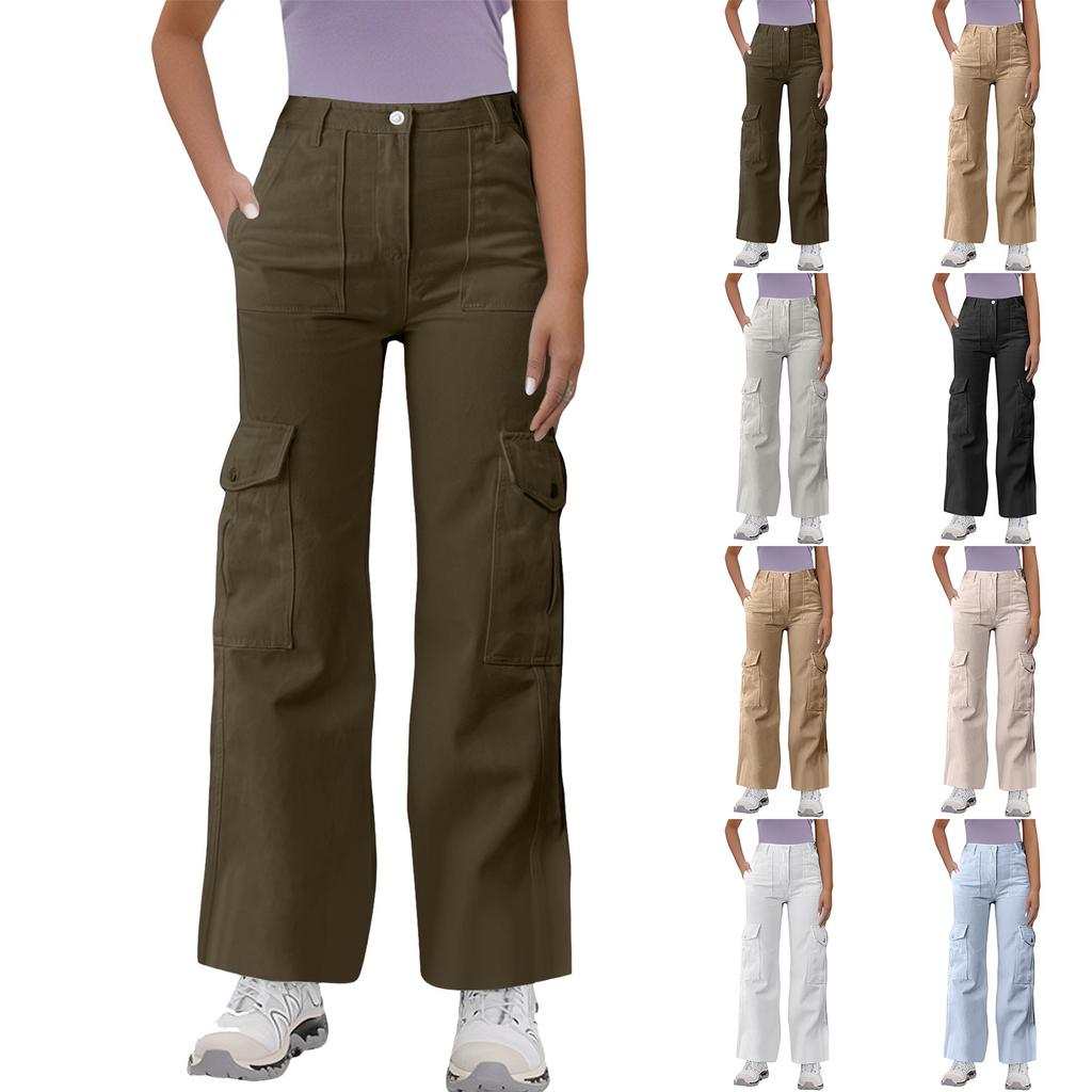 Ladies' Loose Casual Mid Waist Three-Dimensional Pocket Long Waist Solid Color Work Pants