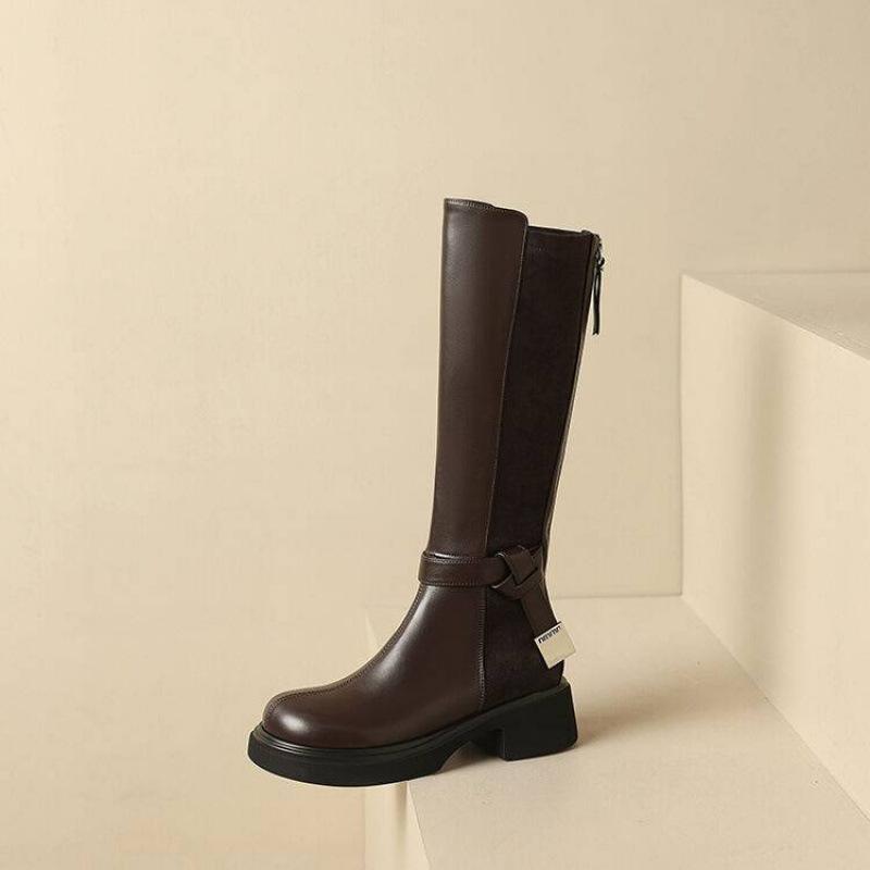 Autumn and Winter Women's Leather High Boots Thick-soled Non-slip Large-size Women's Boots Square Heel Comfortable Rear Zipper New Martin Boots