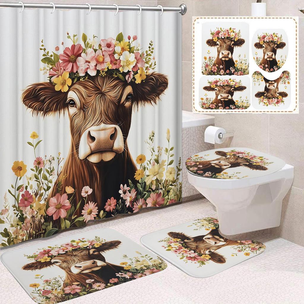 Cute Highland Cattle Printed Shower Curtain Waterproof Durable Polyester Bath Curtain For Home New Year Christmas Bathroom Decor