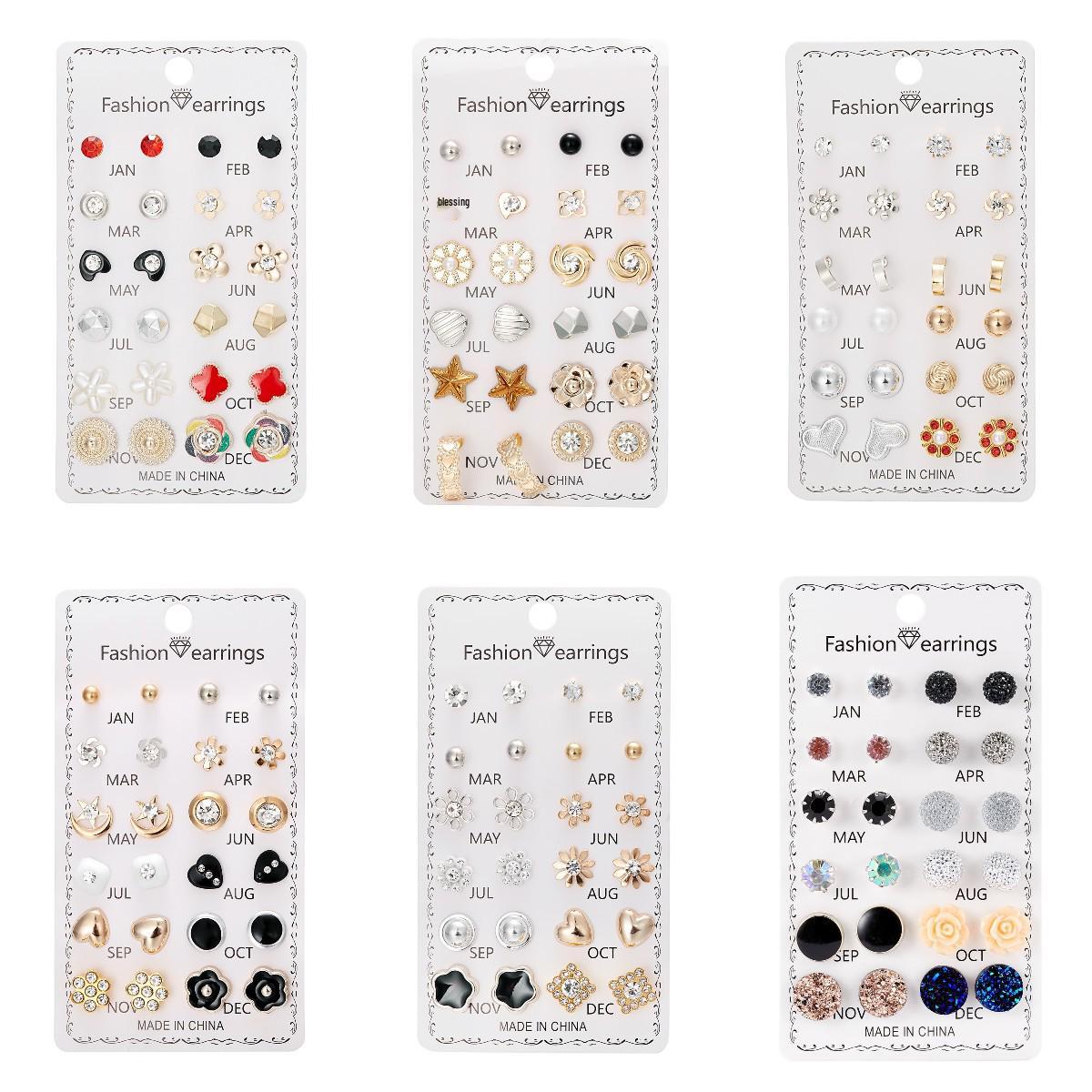 

12-Pair Floral Diamond Alloy Earring Set Alloy