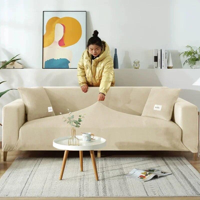 Solid Color Elastic Velvet Sofa Cover for Living Room All Inclusive Stretch 1/2/3/4 Corner L Sofa Slipcovers Cats Funda De Sofá
