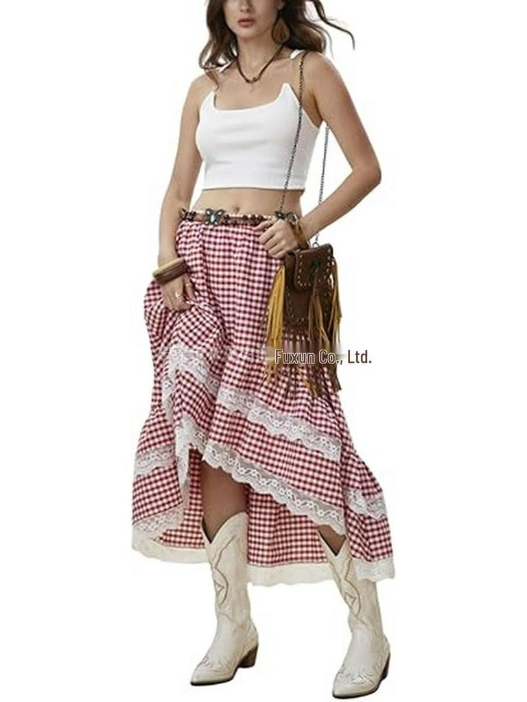 2026 Bohemian Style Printed Waist-Cinched Retro Short Skirt with Elegant Long Lace Design