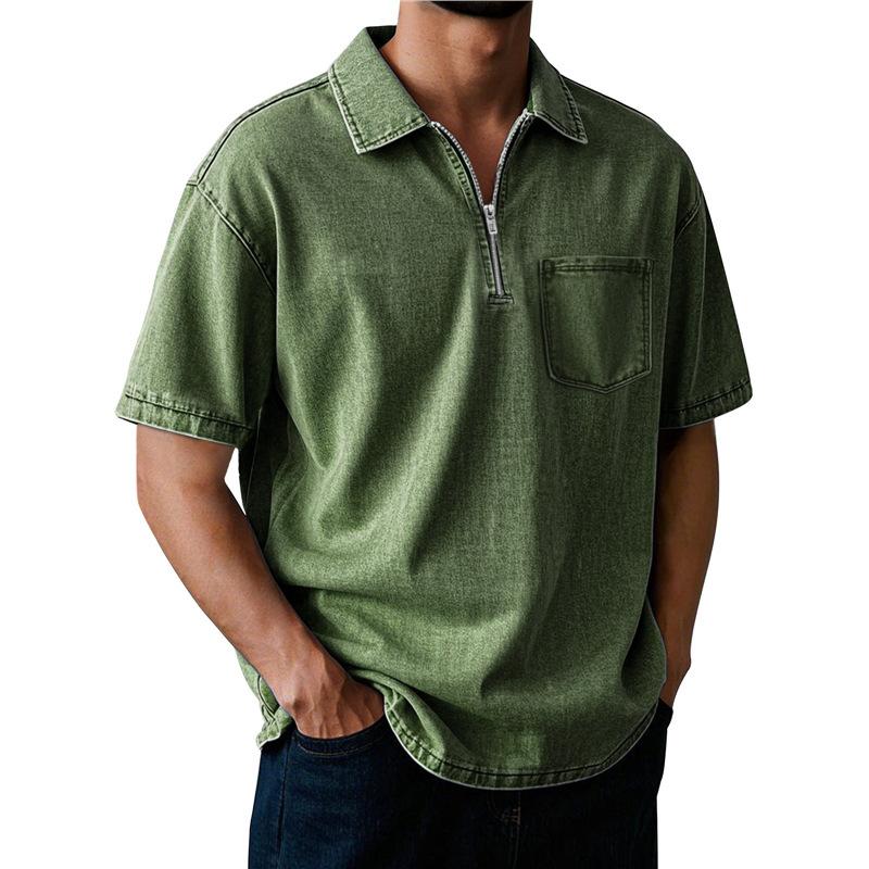

Mens Casual Washed Denim Half Zip Polo Collar Short Sleeve Shirt With Pocket M зелений