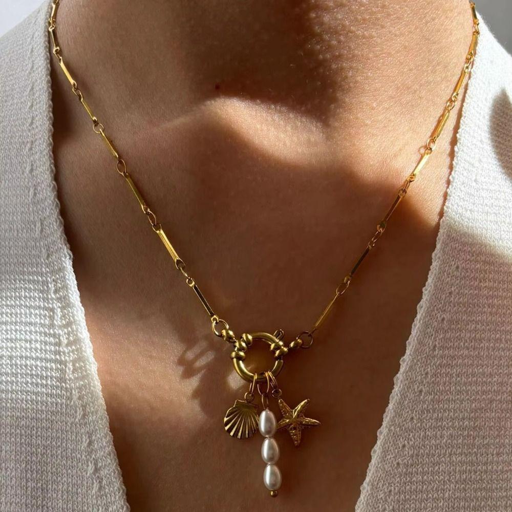 Waterproof Gold Plated Necklace Stainless Steel 18K Gold Plated Freshwater Pearl Necklace Detachable Accessories Shell Necklace