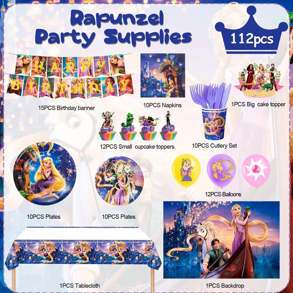112pcs Cartoon Birthday Decorations,Cartoon Party Decorations& Tableware Set-Birthday Plates Napkins&Balloons Banner Cake Topper Etc