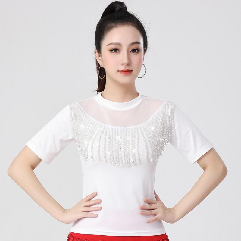 Womens Latin Dance Top Practice Performance Ballroom Dancewear Milk Silk Stretch Fit