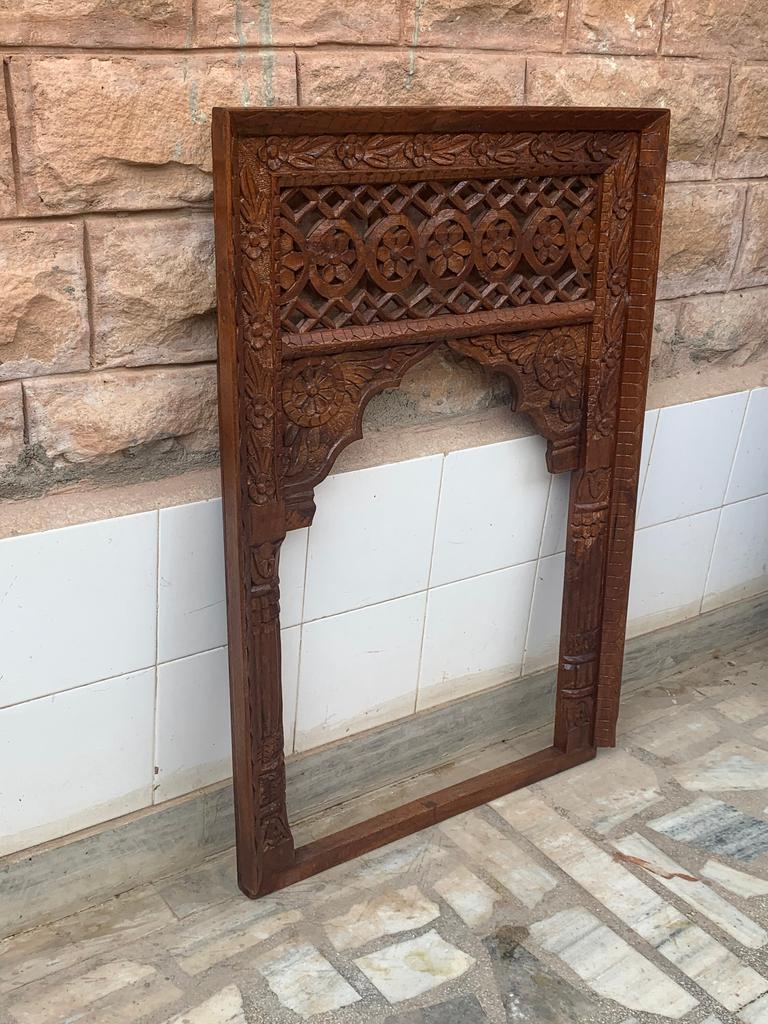 Hand Carved Mango Wood Window Frame: Antique Floral Wall Decor