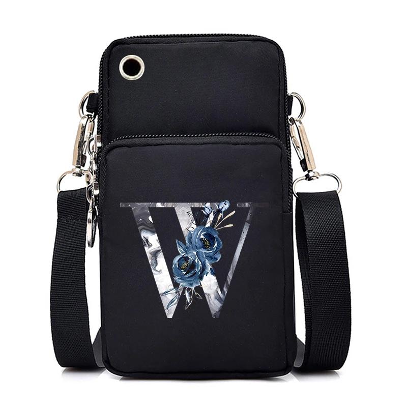 Blue Roses Alphabet Print Small Shoulder Bag 26 Letters Mini Crossbody Phone Bag for Women