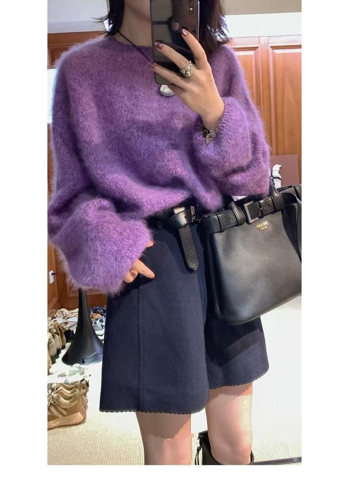 Women's Heavyweight Brushed Wool Pullover - Cozy, Heathered Yarn, Loose Fit, Round Neck, Versatile Knitwear for Autumn/Winter