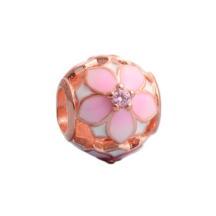 European Spring S925 Sterling Silver Pandora Rose Gold Magnolia Beaded Bracelet with Peach Blossom Charms