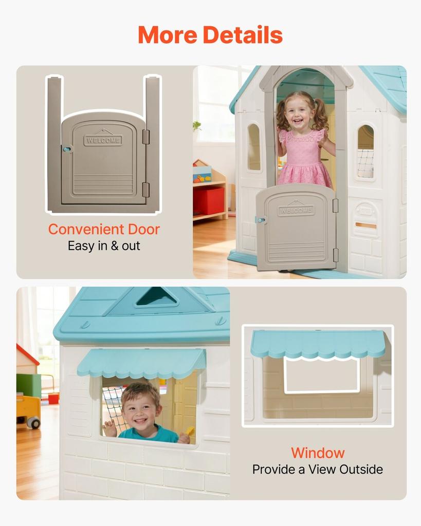 Outdoor Playhouse, 5-In-1 Cottage Play House with Pretend Play, Basketball, Darts, Soccer, Ring Toss, Window & Convenient Door, Toddler Slide Set for