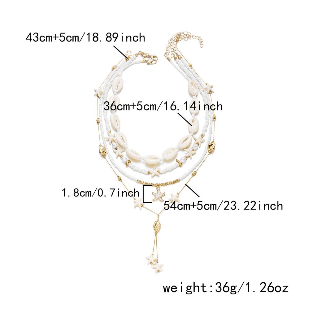 Vacation-style shell and starfish beaded multi-layered necklace, collarbone chain, beach vibe niche accessory