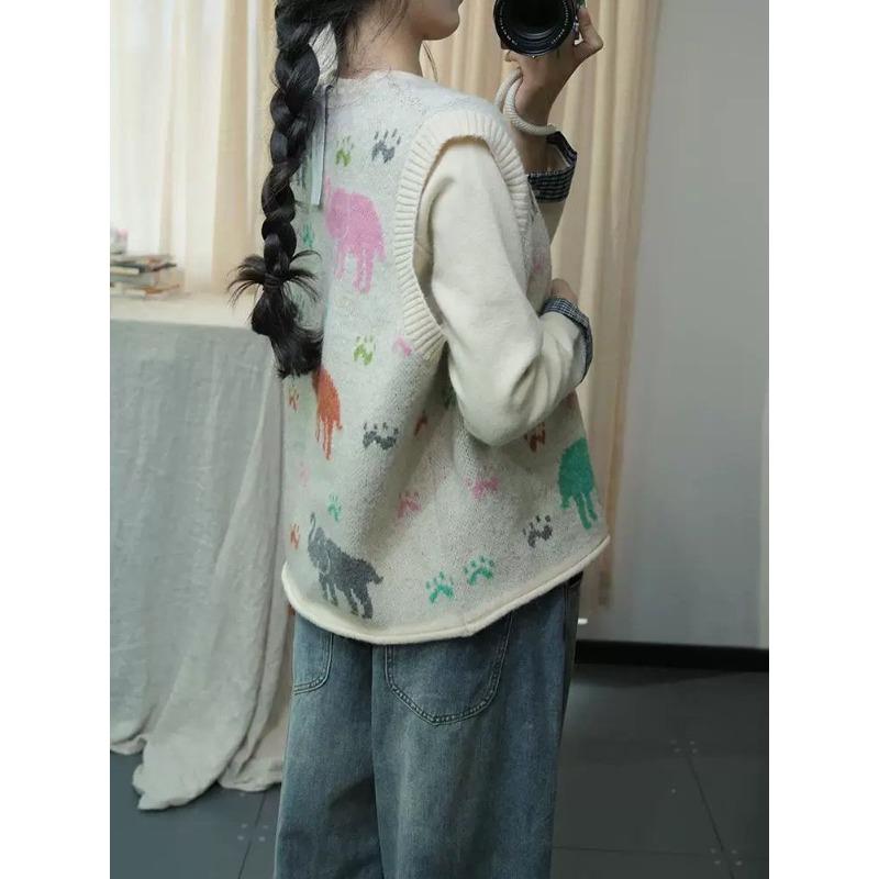 Dimanaf 2025 Women Sleeveless Buttons Autumn Vest Sweaters Style Printing  Knitting Casual Loose Sweater