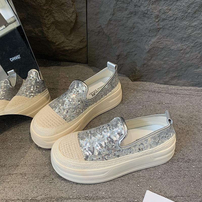 

Весенние новые туфли на толстой подошве с увеличением роста, женская модная поверхность с рыбьей чешуей, ленивые туфли, универсальная повседневная женская одинарная обувь 40 серебряный