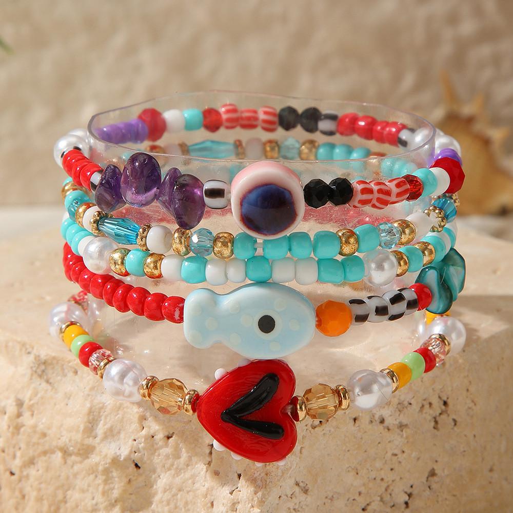 Bohemian Style Multicolored Glass Beaded Bracelet With Heart And Evil Eye For Vacation Gift For Women