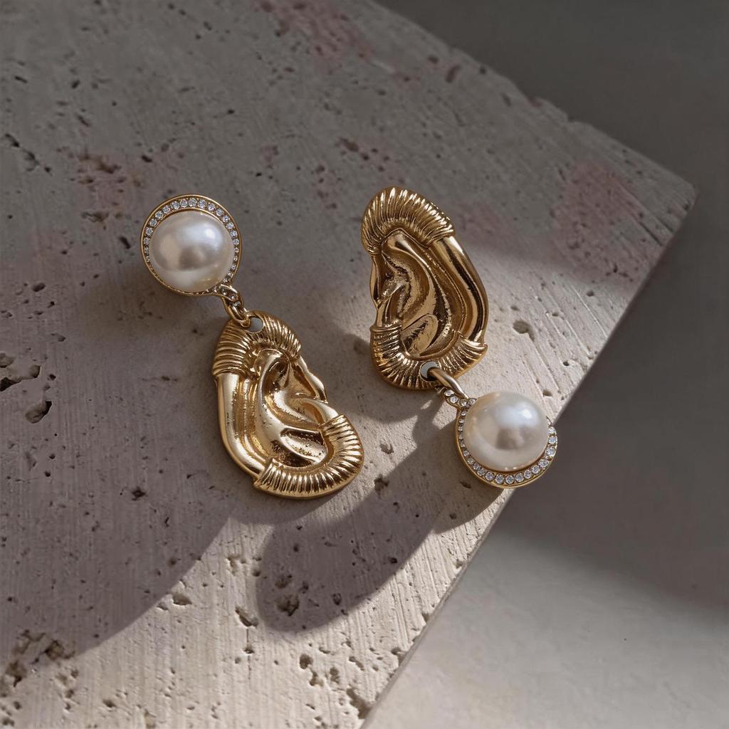 Silver Needle Asymmetrical Pearl & Diamond Water Drop Studs - European & American Style Fashion Earrings
