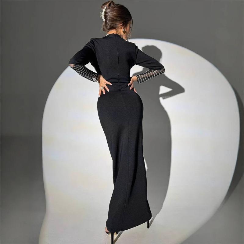 Jesień i Zima Damska Sukienka Maxi z Długim Rękawem w Jednolitym Kolorze, Seksowne Przeszycia z Siateczki, Hot Drill, Workowata, Dopasowana w Biodrach