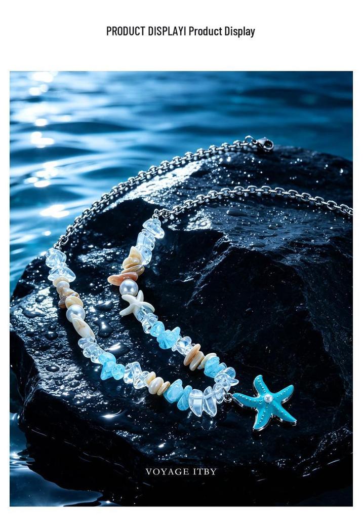 Women's Blue Starfish Pearl Necklace - Dopamine Beaded Clavicle Chain In Titanium Steel, Perfect for Seaside Vacations