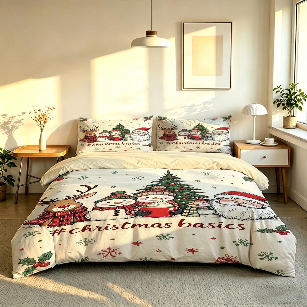 Christmas Duvet Cover Set 3Pcs Cute Cartoon Santa Reindeer Snowman Print Soft Microfiber Bedding with Pillowcases