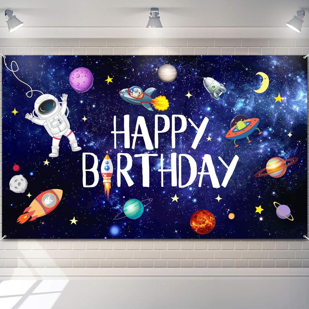 Boao Space Happy Birthday Photography Background Astronaut Rocket Backdrop Banner for Children's Birthday Galaxy Planet Party Photo Booth Backdrop,