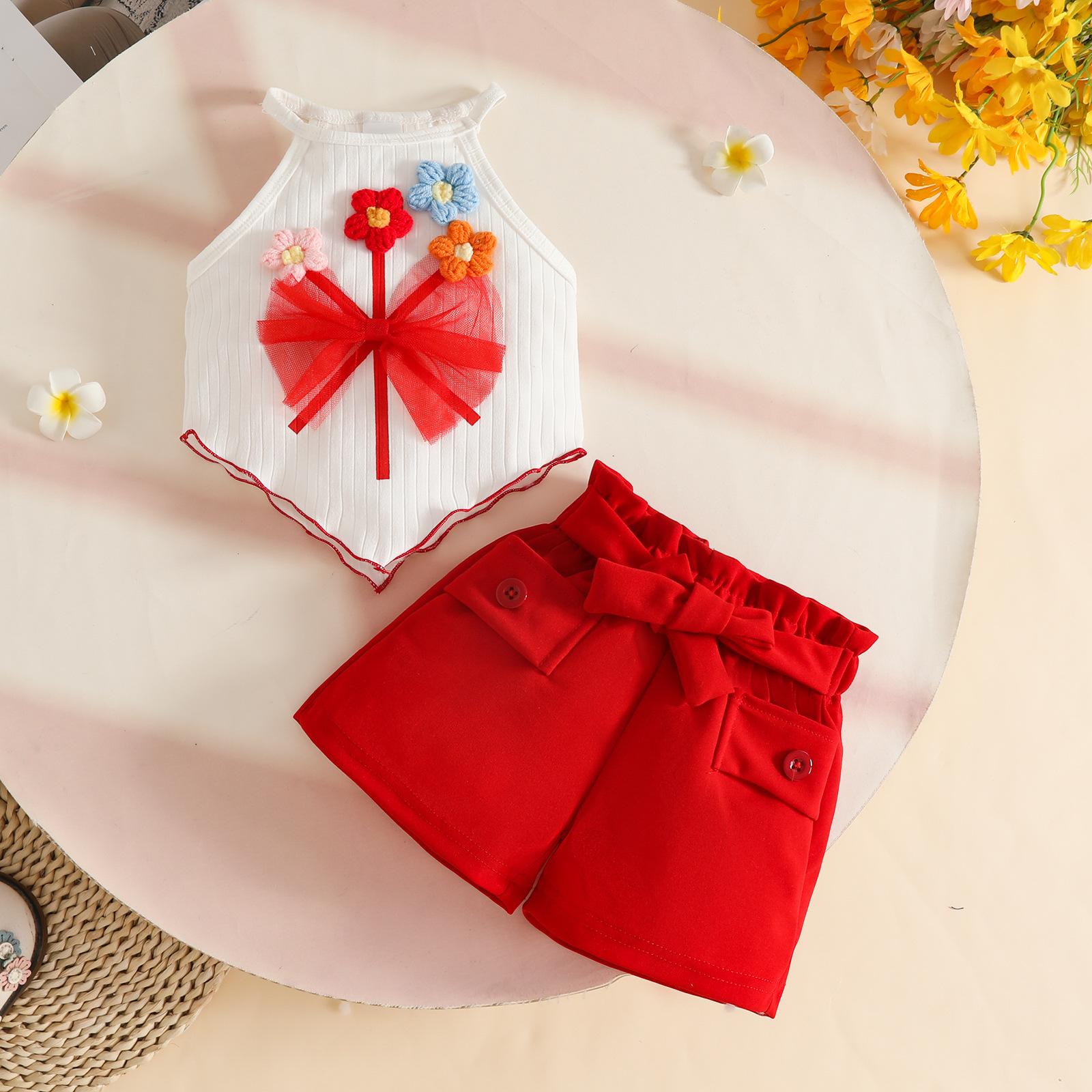 Summer toddler baby girl sweet scarf sleeveless flower mesh bow top + belt shorts set 6-9M красный