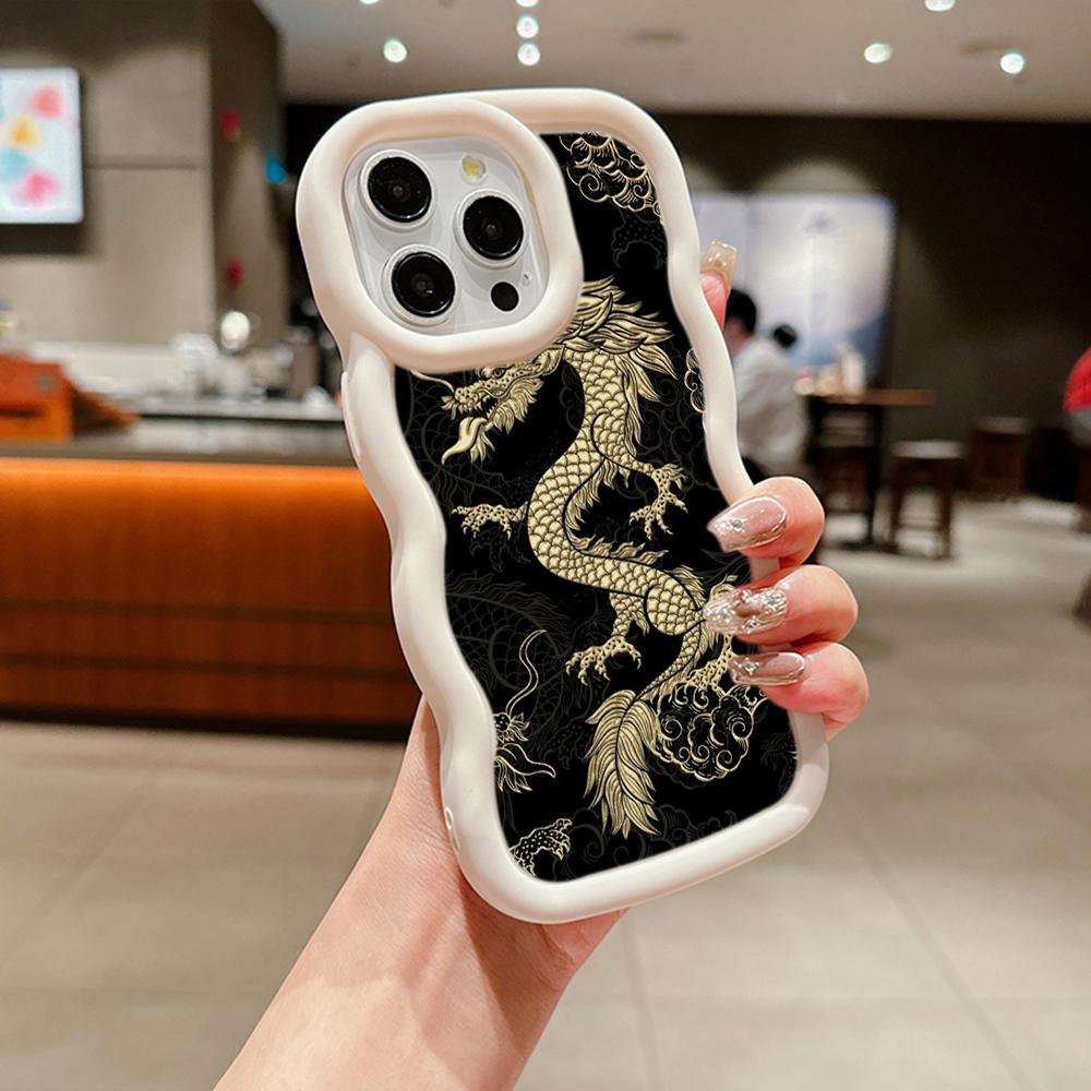 N81 Dragon design art Macaron Wavy Edge Phone Cases for iPhone 16 Pro Max Samsung S24 Plus S23 Ultra A35 A55 Xiaomi Redmi Note 13 Shockproof Cover